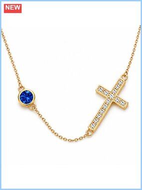 Sideways Cross Necklace 18K Gold with Birthstone Pendant